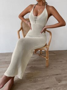 SHEIN Swim Ripped Tie Backless Halter Cover Up Dress,Summer Beach - Apricot - View 3