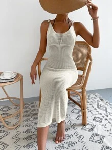 SHEIN Swim Ripped Tie Backless Halter Cover Up Dress,Summer Beach - Apricot - View 7