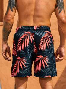 Manfinity Hombres Shorts de natación con estampado tropical de cintura con cordón - Multicolor - Ver 2