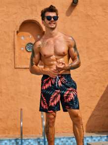 Manfinity Hombres Shorts de natación con estampado tropical de cintura con cordón - Multicolor - Ver 3