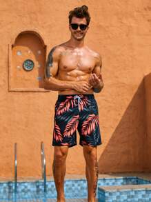 Manfinity Hombres Shorts de natación con estampado tropical de cintura con cordón - Multicolor - Ver 4