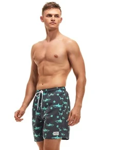 Manfinity Swimmode Quần short nam đi biển Dây kéo Đắp vá Túi Thú vật Tất cả trên in - Màu xám đen - Xem 7