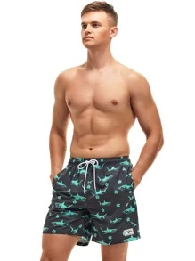 Manfinity Swimmode Quần short nam đi biển Dây kéo Đắp vá Túi Thú vật Tất cả trên in - Màu xám đen - Xem 8