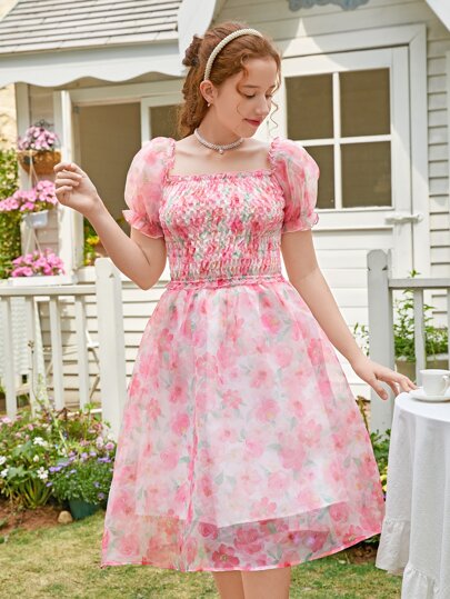 SHEIN Teen Girls Floral Print Puff Sleeve Shirred Top & Skirt