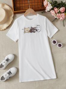 SHEIN Girls Cartoon Graphic Tee Dress - White - View 1