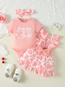 SHEIN Vintaside Kids 嬰兒女寶寶字母圖形連體衣和牛印花荷葉邊蝴蝶結前襟連身裙和頭帶 - 彩色 - 查看 1