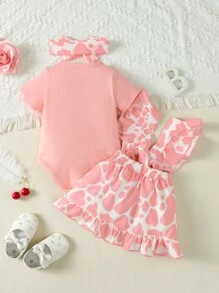 SHEIN Vintaside Kids 嬰兒女寶寶字母圖形連體衣和牛印花荷葉邊蝴蝶結前襟連身裙和頭帶 - 彩色 - 查看 2