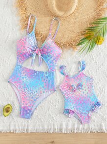 Toddler Girls Leopard Print Ruffle Trim Bow Front One Piece Swimsuit - Multicolor - View 3