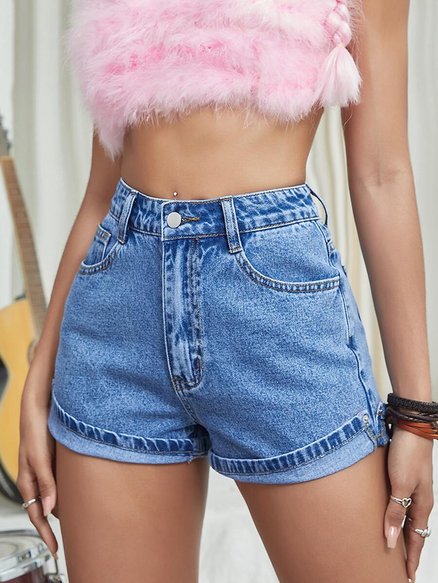 Roll Up Hem Denim Shorts - Medium Wash - View 1