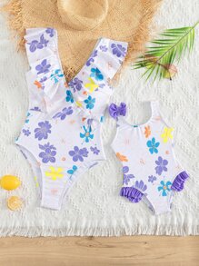 Toddler Girls 1pc Floral Print Bow Front Ruffle Trim One Piece Swimsuit - White - View 3