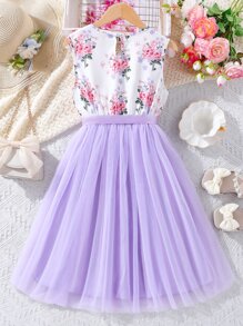 SHEIN Đầm Gái Tương phản Mesh Xù Hoa Dễ thương - Nhiều màu - Xem 2