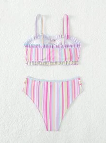 SHEIN Swim Striped Frill Trim Lace Up Front Summer Beach Bikini Set - Multicolor - View 4