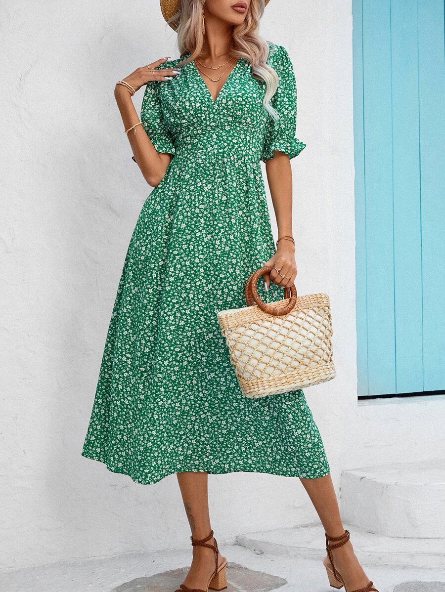 Breezaya 碎花泡泡袖連衣裙 - 綠色 - 查看 1