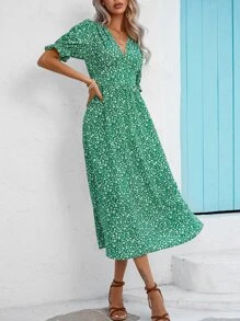 Breezaya 碎花泡泡袖連衣裙 - 綠色 - 查看 3