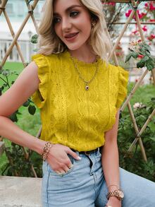 Simplee 休闲立领贝壳边蕾丝纯色荷叶边下摆衬衫，春夏上衣 - 黃色 - 查看 4