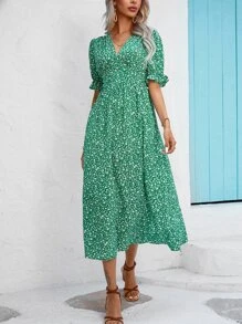 Breezaya 碎花泡泡袖連衣裙 - 綠色 - 查看 4