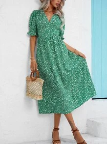 Breezaya 碎花泡泡袖連衣裙 - 綠色 - 查看 5