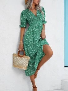 Breezaya 碎花泡泡袖連衣裙 - 綠色 - 查看 7