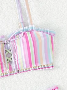 SHEIN Swim Striped Frill Trim Lace Up Front Summer Beach Bikini Set - Multicolor - View 7