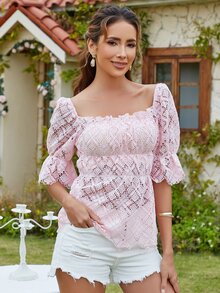 Eilly Bazar Square Neck Flounce Sleeve Lace Blouse - Pink - View 4