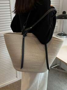 Oversized Straw Bag Double Handle For Vacation Beach Bag - Beige - View 2