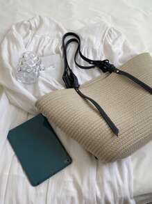 Oversized Straw Bag Double Handle For Vacation Beach Bag - Beige - View 5