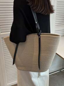 Oversized Straw Bag Double Handle For Vacation Beach Bag - Beige - View 8