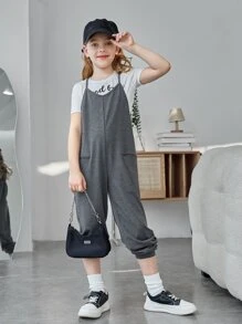 SHEIN Tween Girl 1pc Dual Pocket Cami Jumpsuit Without Tee - Grey - View 3