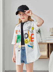 SHEIN 女孩卡通和字母圖案落肩袖襯衫