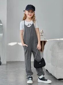 SHEIN Tween Girl 1pc Dual Pocket Cami Jumpsuit Without Tee - Grey - View 4