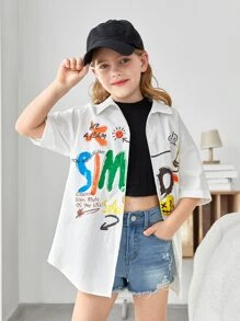 SHEIN 女孩卡通和字母圖案落肩袖襯衫