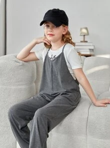 SHEIN Tween Girl 1pc Dual Pocket Cami Jumpsuit Without Tee - Grey - View 6