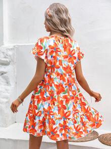 SHEIN VCAY Allover Floral Print Ruffle Hem Smock Dress - Orange - View 2