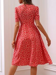 Breezaya 碎花前紐扣連衣裙 - 紅色 - 查看 2