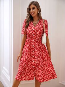 Breezaya 碎花前紐扣連衣裙 - 紅色 - 查看 3