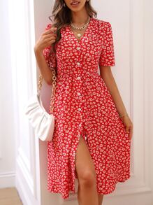 Breezaya 碎花前紐扣連衣裙 - 紅色 - 查看 5