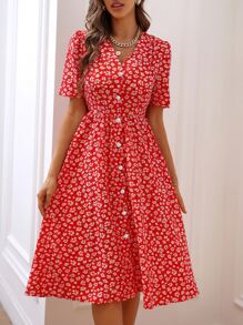 Breezaya 碎花前紐扣連衣裙 - 紅色 - 查看 6