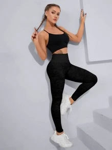 Easithlete Solid Tummy Control Sports Leggings - Black - View 5