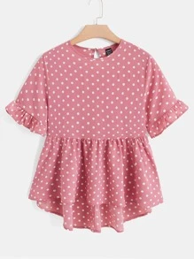 SHEIN LUNE Polka Dot Print Flounce Sleeve Peplum Top - Dusty Pink - View 1