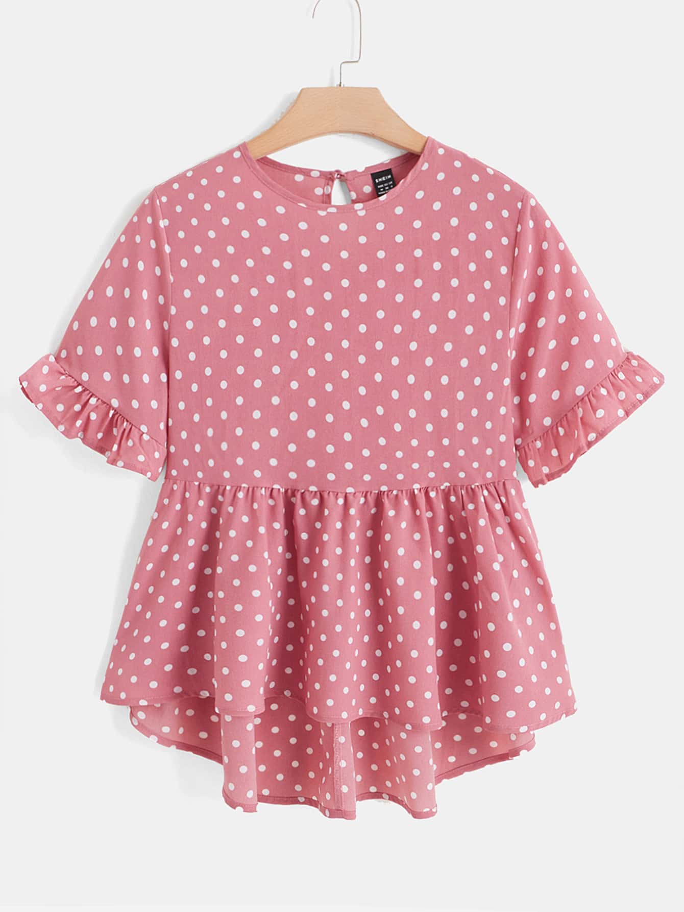 SHEIN LUNE Polka Dot Print Flounce Sleeve Peplum Top - Dusty Pink - View 1