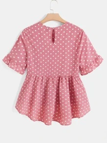 SHEIN LUNE Polka Dot Print Flounce Sleeve Peplum Top - Dusty Pink - View 2