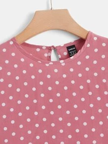 SHEIN LUNE Polka Dot Print Flounce Sleeve Peplum Top - Dusty Pink - View 3