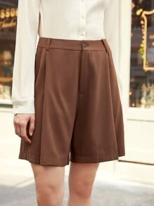 MOTF PREMIUM Quần short Nút Dây kéo màu trơn Giải trí - Cà phê nâu - Xem 5