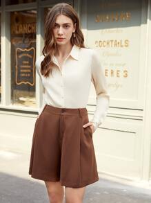 MOTF PREMIUM Quần short Nút Dây kéo màu trơn Giải trí - Cà phê nâu - Xem 8