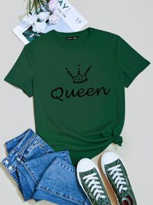 SHEIN LUNE Crown & Letter Graphic Tee - Dark Green - View 1
