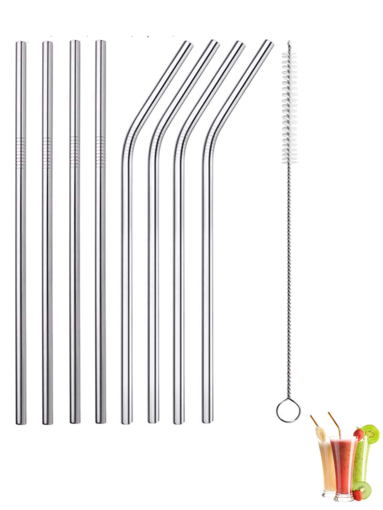 8pcs Stainless Steel Straw & 2pcs Brush - Silver - View 1