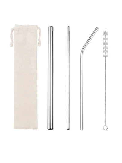 1set Stainless Steel Straw, Straw Cleaning Brush, Storage Bag, Simple Drinking Straw For Home, Outdoor,Kitchen,Christmas Gift,School Supplies
