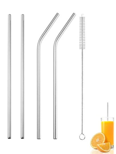 5pcs Stainless Steel Straw & Cleaning Brush Set, 2 Straight Straw And 2 Bent Straw And 1 Brush, For Drinking,Kitchen,Christmas Gift,School Supplies