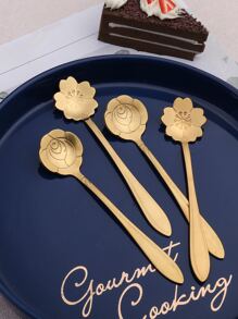 4 chiếc thìa hoa chạm khắc dùng cho trường học, quà tặng Giáng sinh - Vàng - Xem 4