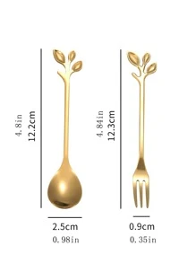 2 piezas con diseño de hoja Cuchara & 2 piezas Tenedor Set - Dorado - Ver 2